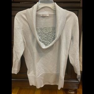 Women Holiday Sweater Size Small , Beautiful Funnel Neck, Front Lace in silver